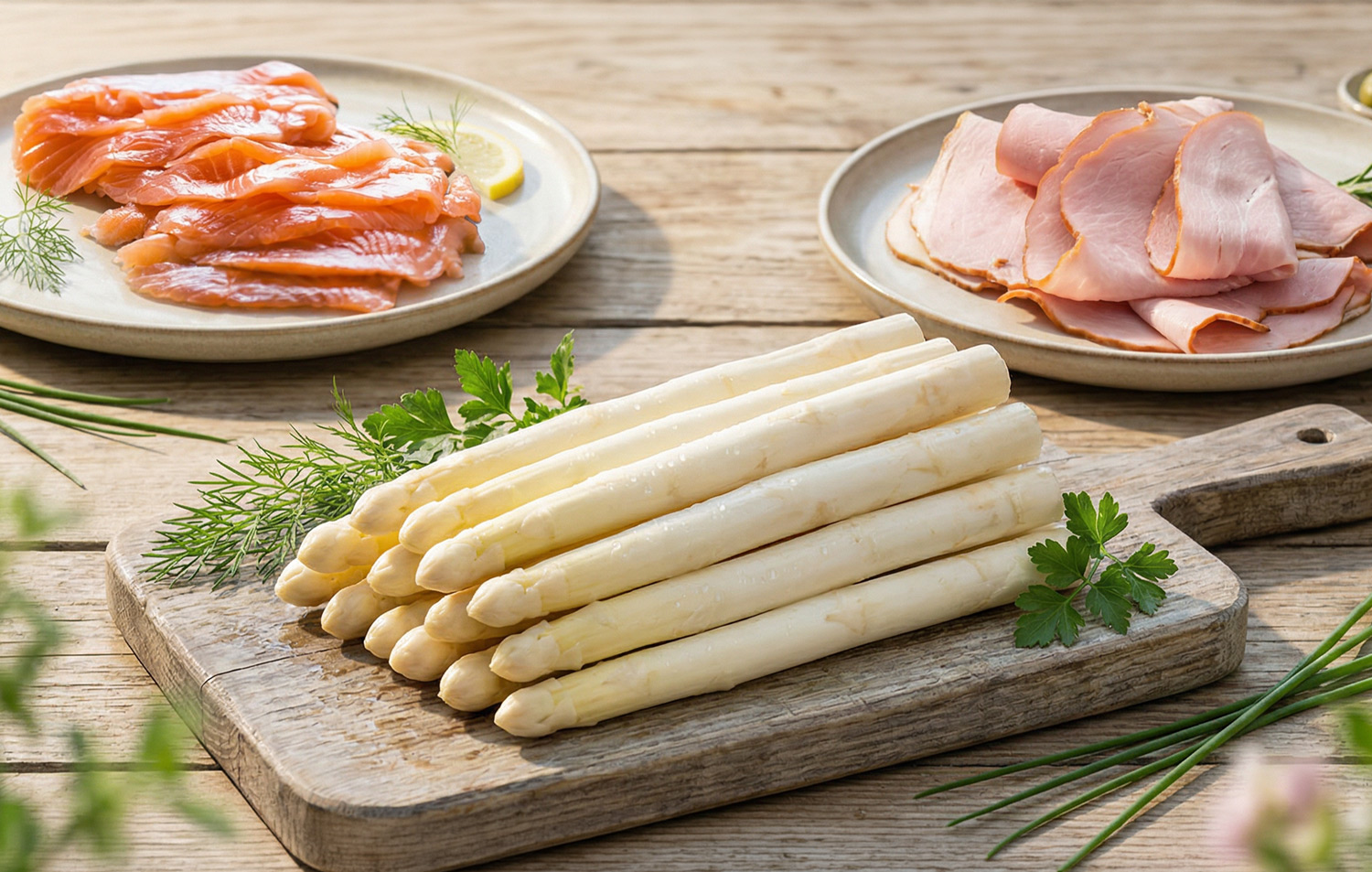 Ingredienten voor heerlijke Asperges met gerookte zalm en gegerilde beenham
