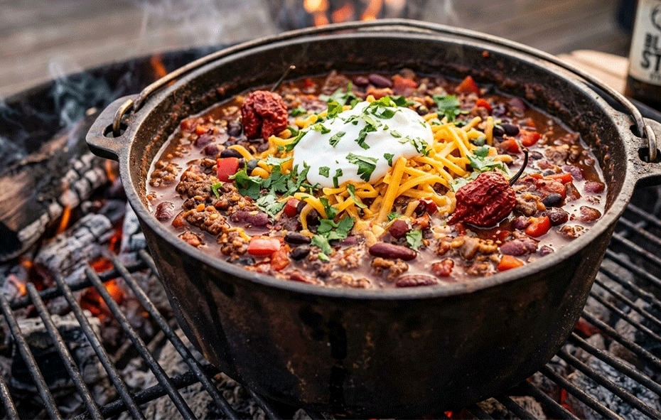alt="Een kom Chili con carne BBQ met een royale klodder zure room en geraspte cheddar"