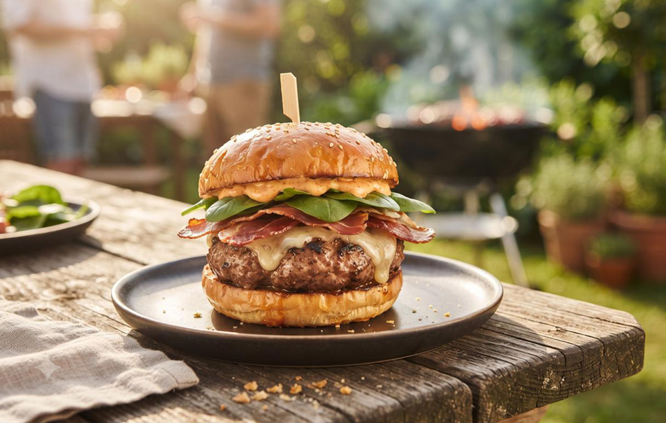 Een luxe Spaanse Ibérico burger op een getoast brioche broodje met smeltende Manchego kaas, krokante Serranoham en gerookte paprikamayo van de barbecue.