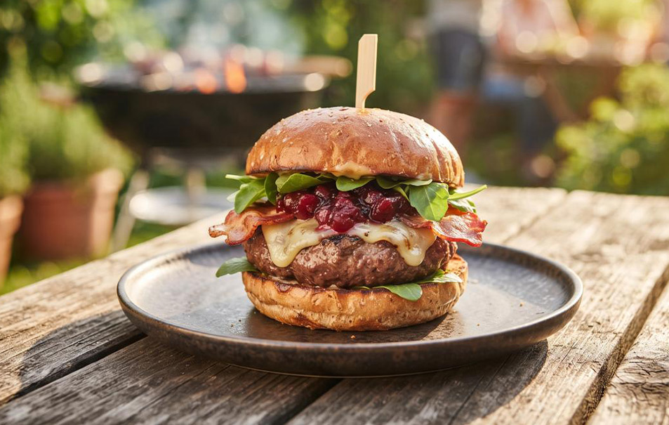 Een ambachtelijke wildzwijn burger op een getoast broodje met gesmolten oude kaas, krokant spek en cranberrycompote van de barbecue.