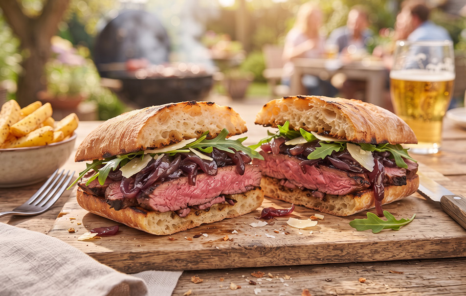 Een ambachtelijke steak sandwich op een knapperig ciabattabroodje, doorgesneden om de malse, roze kogelbiefstuk te laten zien, gegarneerd met gekarameliseerde rode uien en verse rucola.