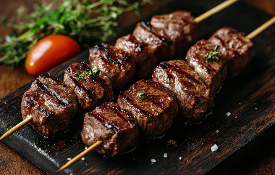 Gegrilde wildspiesjes met geroosterde paprika-ui-compote en tijmolie