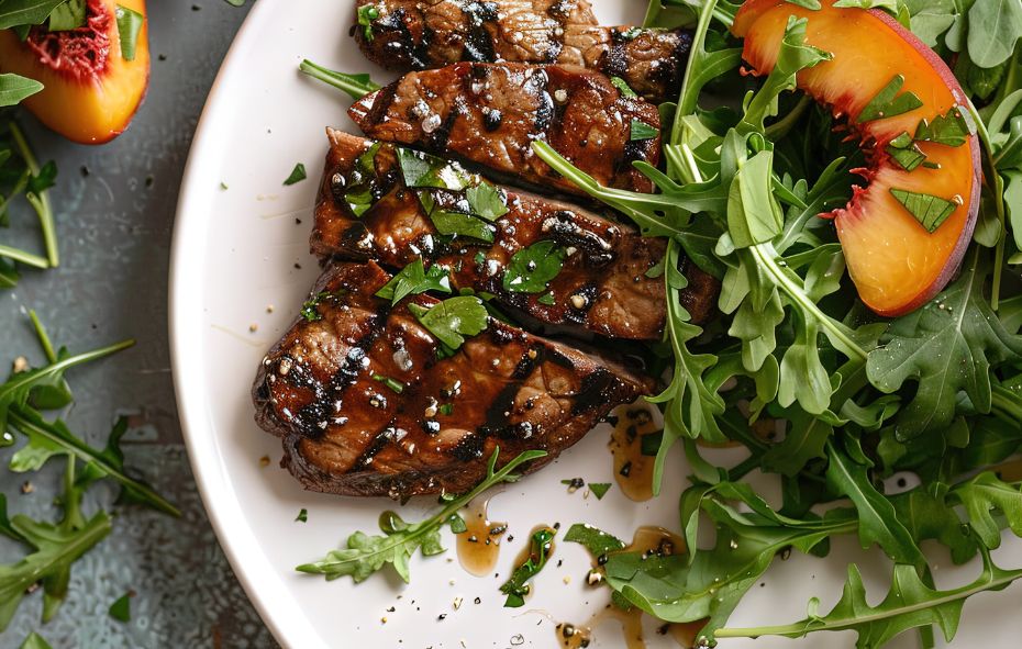 Hertenbiefstuk met rozemarijn-knoflookboter en gegrilde perziken