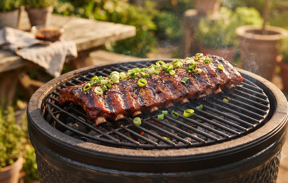 Glanzende, plakkerige honing-ketjap spareribs van de barbecue, gegarneerd met sesamzaad en bosui.
