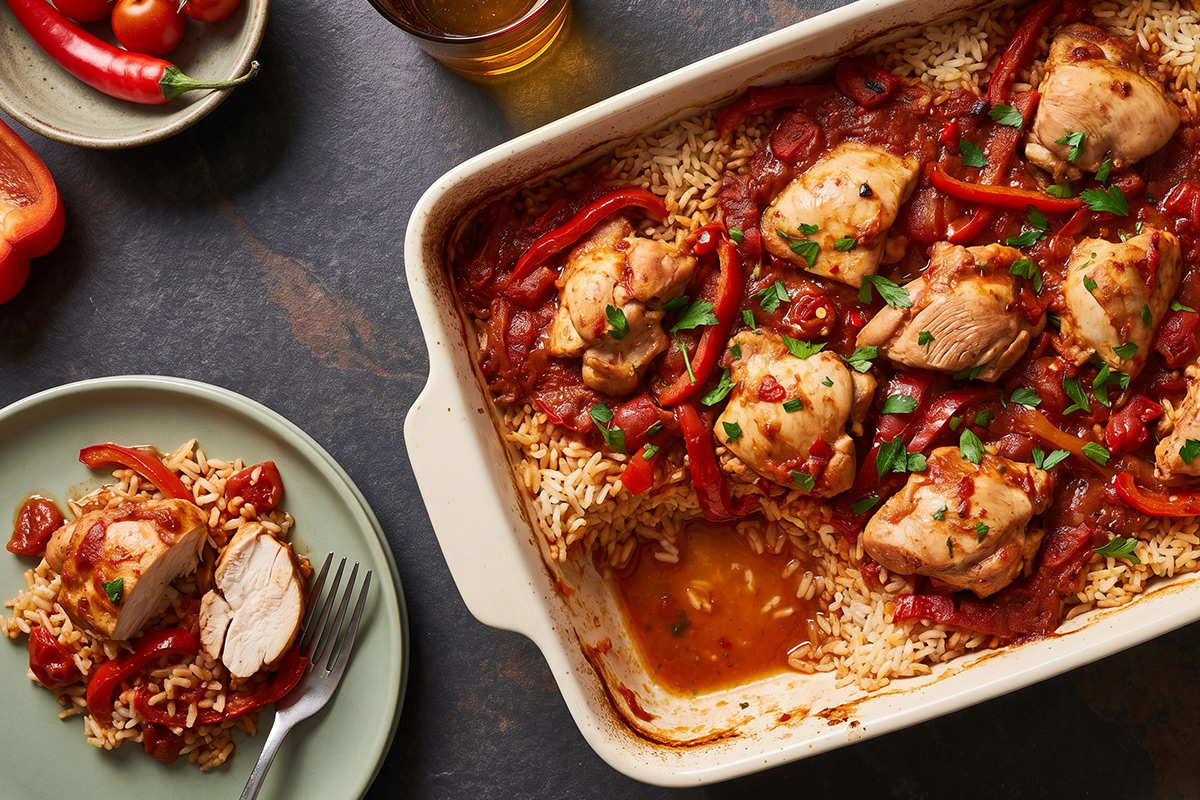 Ovenschotel met hete kip in tomaten-paprikasaus en rijst in een witte ovenschaal