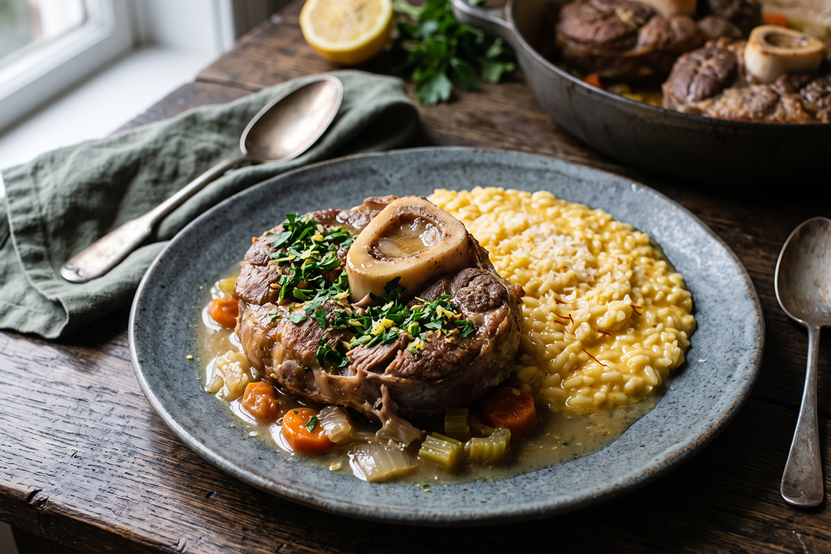 Een kalfsschenkel op een bord met daarop gremolata en daarnaast risotto