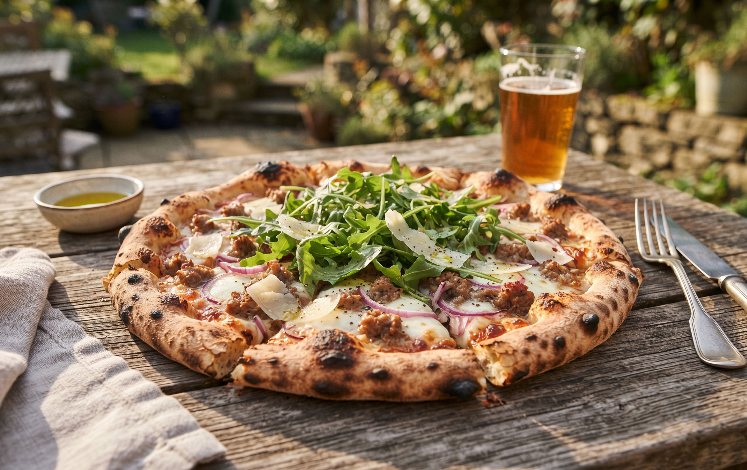 Een ambachtelijke pizza met kruidige hertensaucijs, gesmolten mozzarella en verse rucola, vers gebakken uit de oven.