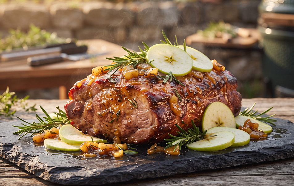 Een malse, langzaam gegaarde varkensprocureur van de barbecue, glanzend gelakt met een zoete appel-rozemarijn lak en gegarneerd met verse rozemarijn.