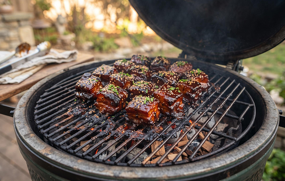 Glanzende, sticky buikspek burnt ends van de Kamado barbecue, prachtig gekarameliseerd met een rijke BBQ-saus en gegarneerd met sesamzaad.