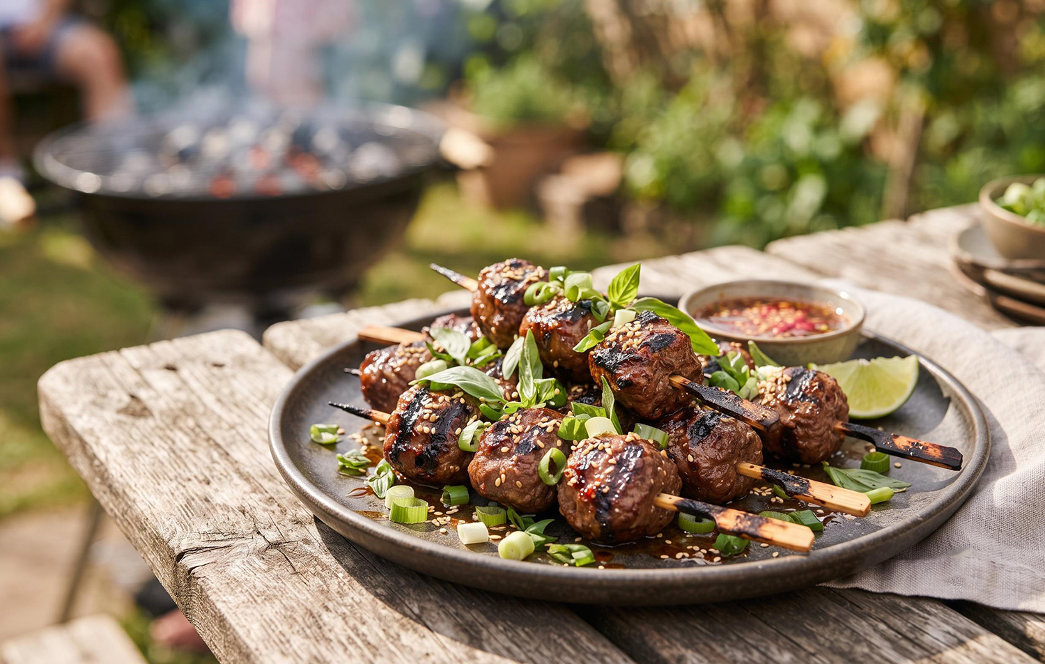 Ambachtelijke rundergehakt spiesjes ('beef lolly's') in Thaise stijl op een houten prikker, vers gegrild op de barbecue en afgemaakt met sesamzaad en bosui.