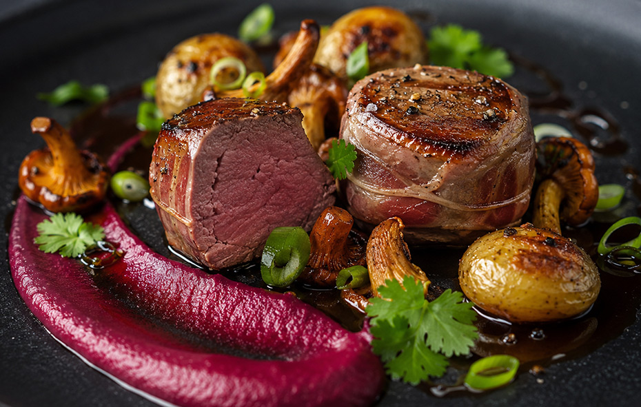 Tournedos van reerugfilet met bietenpuree