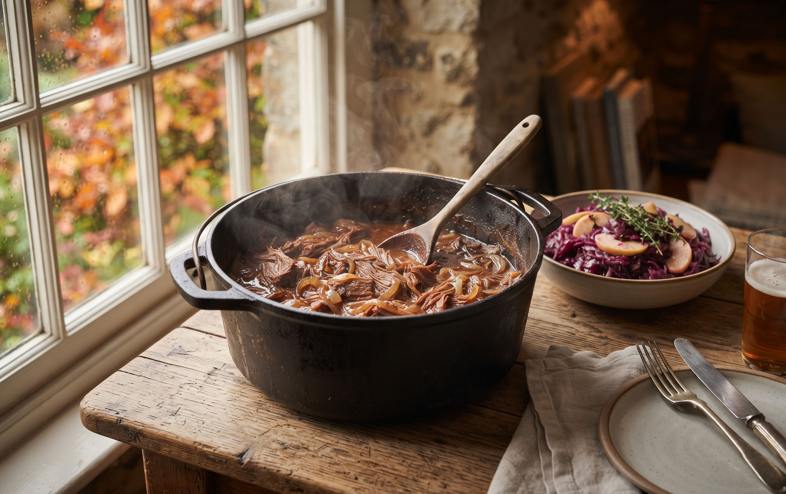 Een stomende pan traditionele Hollandse hachee van malse riblappen, geserveerd met rode kool in een gezellige herfstsfeer.