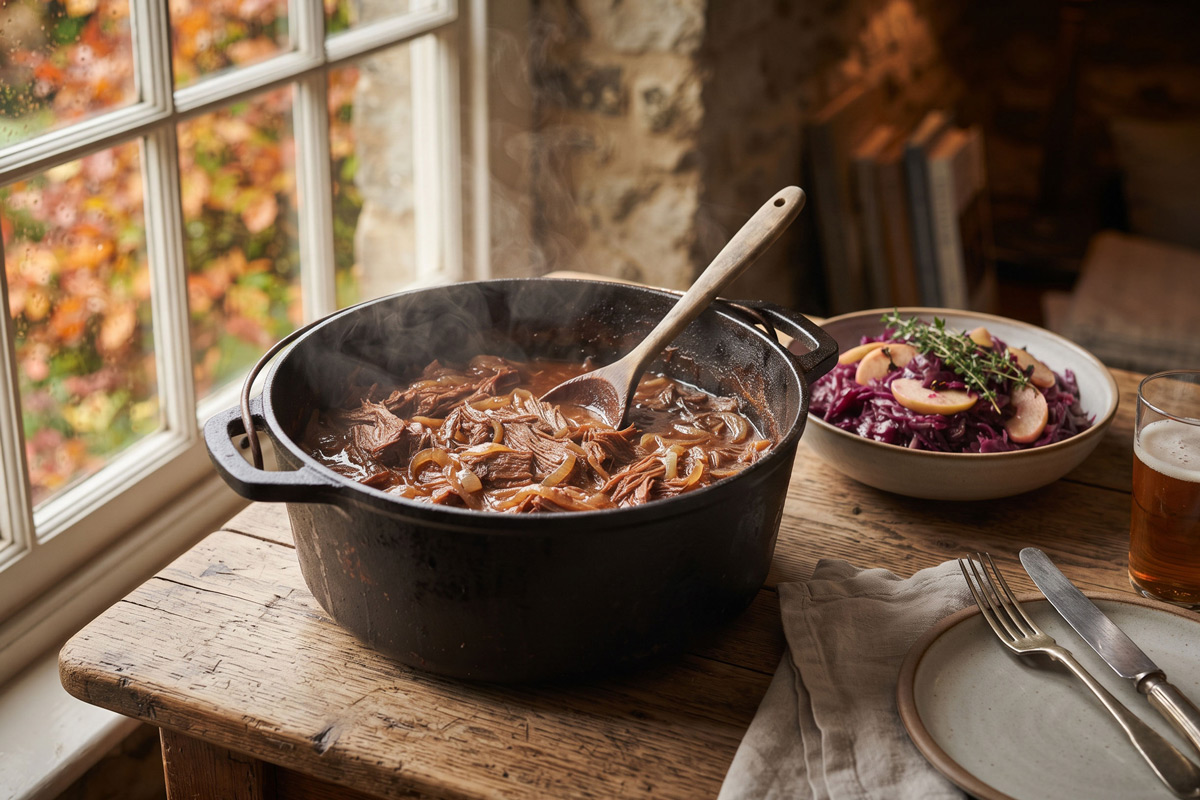 Een stomende pan traditionele Hollandse hachee van malse riblappen, geserveerd met rode kool in een gezellige herfstsfeer.