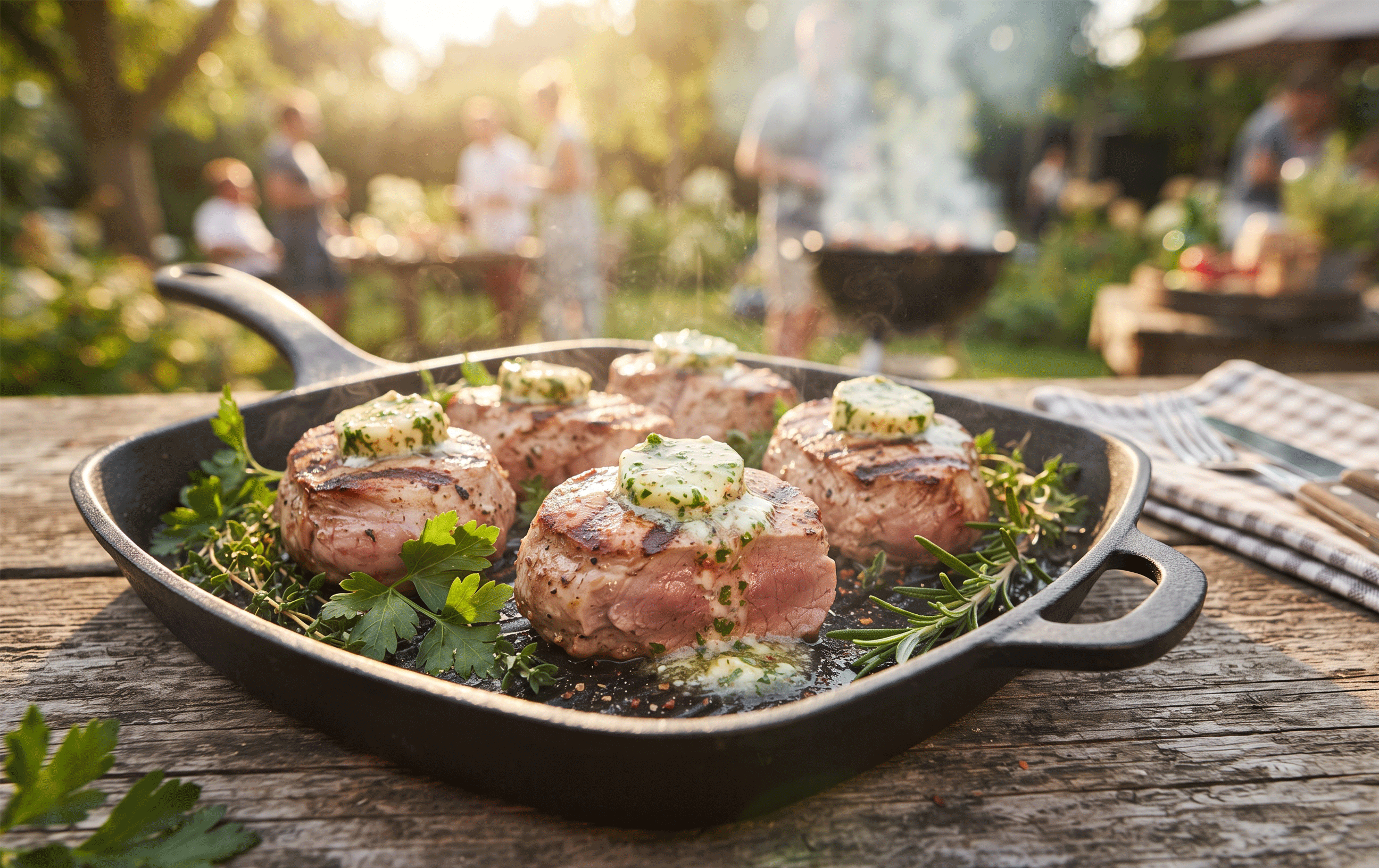 Malse varkenshaasmedaillons van de grill, geserveerd met smeltende kruidenboter en verse kruiden.