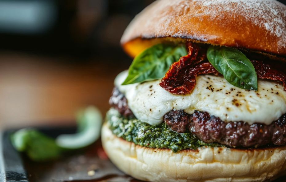 Wildburger Italia Style met burrata, pesto en gegrilde courgette