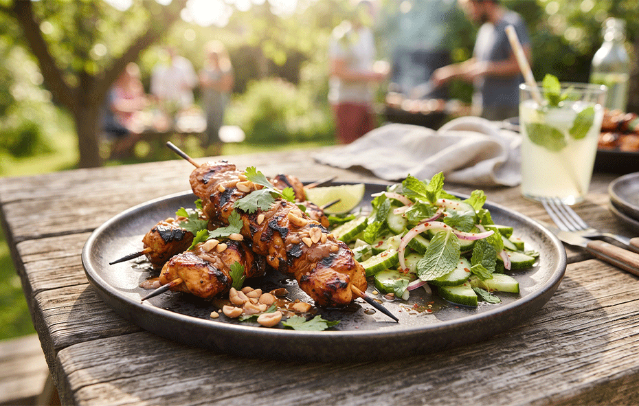 Sappige gegrilde kipsat&eacute; spiesjes geserveerd met een frisse, knapperige komkommersalade op een houten tafel in de zon.