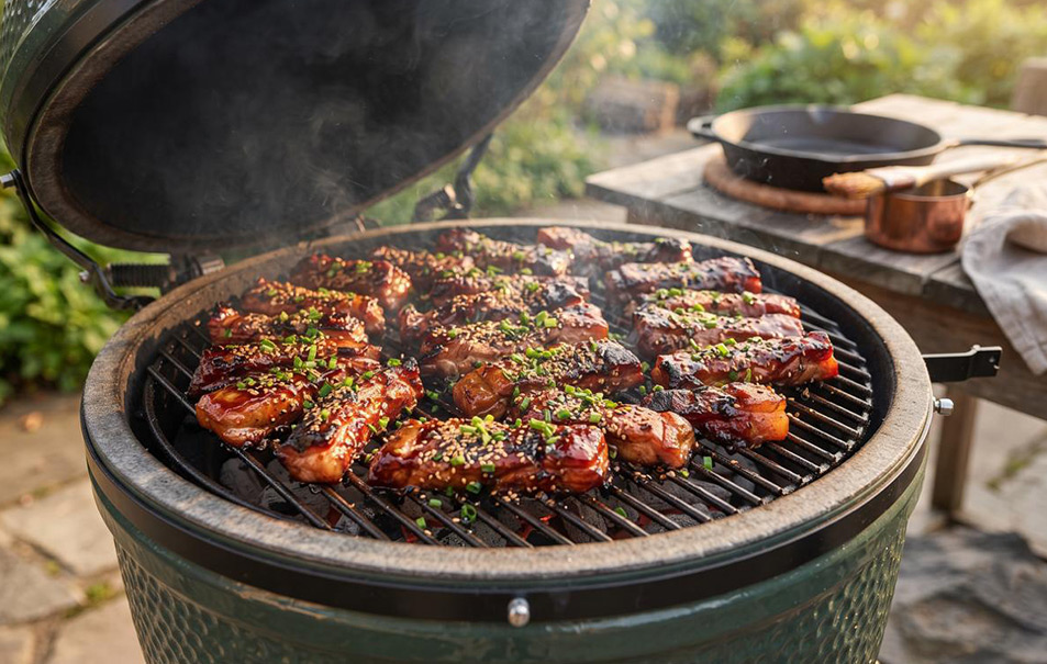 Glanzende, sticky BBQ ribfingers van de barbecue, gegarneerd met bieslook en prachtig gekarameliseerd met een kruidige saus.