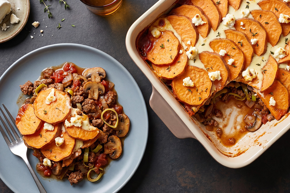 Ovenschotel met hertengehakt, plakjes zoete aardappel en geitenkaas in een ovenschaal, met een opgeschept bord ernaast