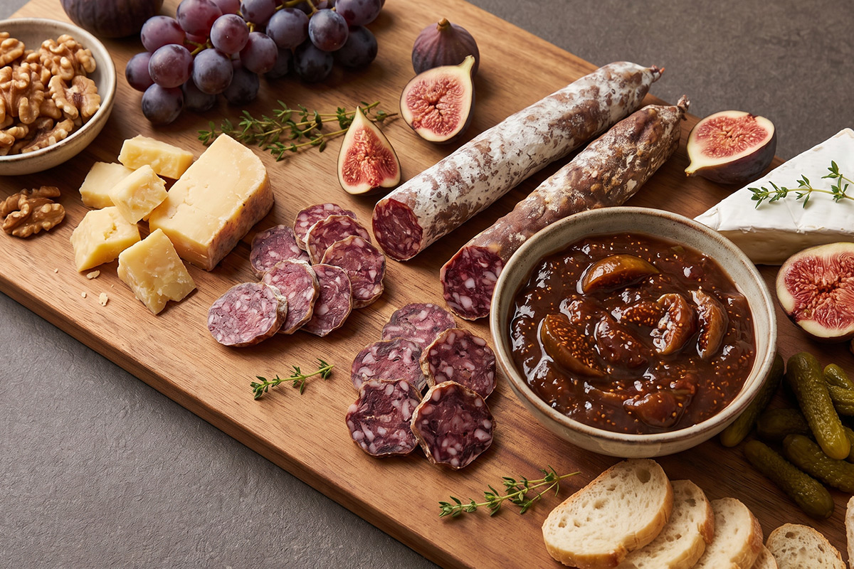 Wilde borrelplank met droge wildworsten, een kommetje vijgenchutney, verse vijgen, oude kaas, brie, druiven, walnoten, augurkjes en stokbrood   