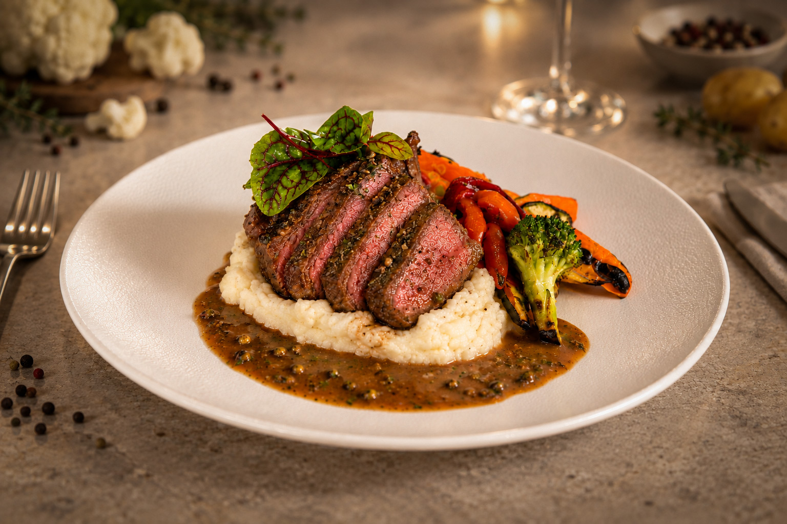 Rosé gebakken entrecôte in plakken op romige bloemkoolpuree, met peperjus met groene peperkorrels en geroosterde groenten op een bord