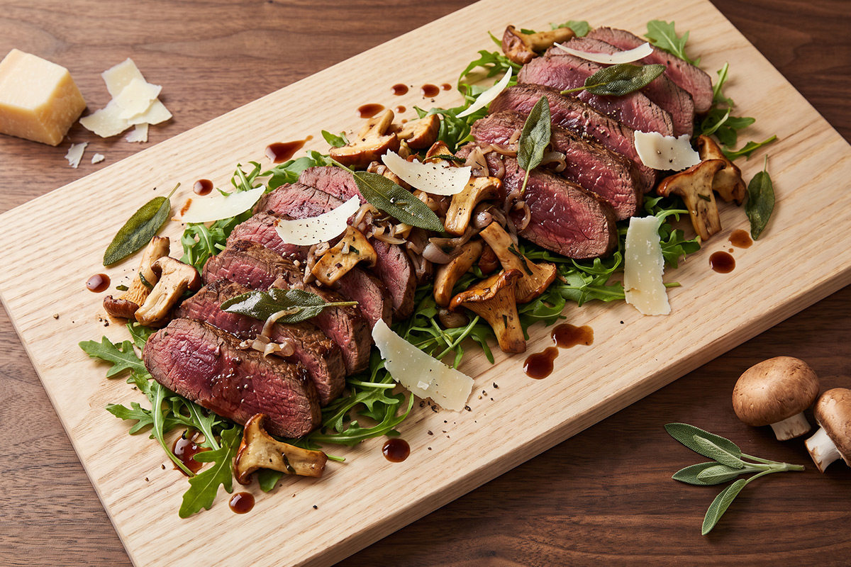 Tagliata van reebiefstuk met gebakken paddenstoelen, rucola, Parmezaanse kaas en balsamico op een houten plank