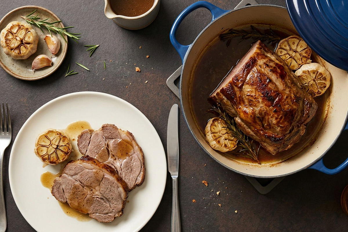 Wild zwijn procureur uit de oven met gegrilde knoflook en rozemarijn, op een bord en in een blauwe braadpan met jus