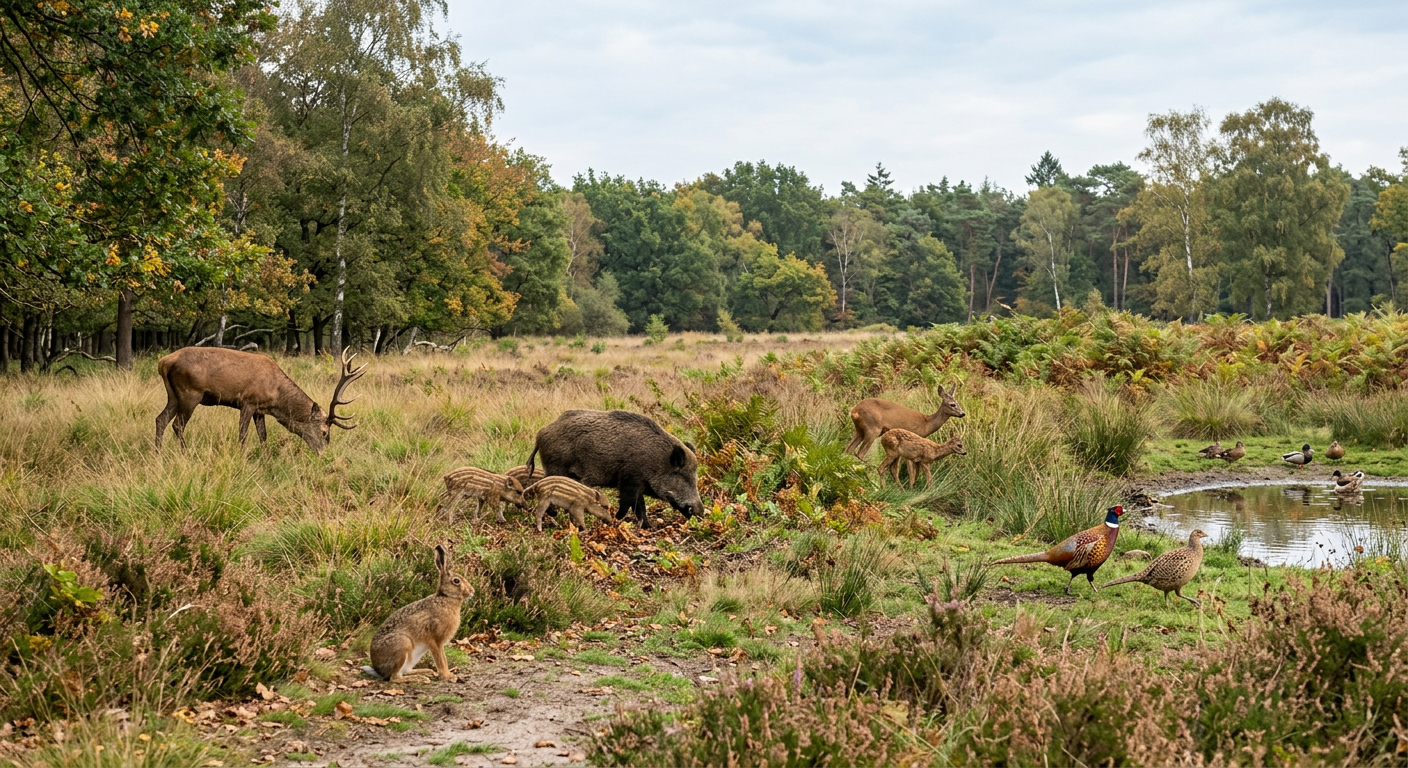 Wildseizoen in Nederland: edelhert, wild zwijn, ree, haas, fazant en wilde eend in een herfstig natuurgebied